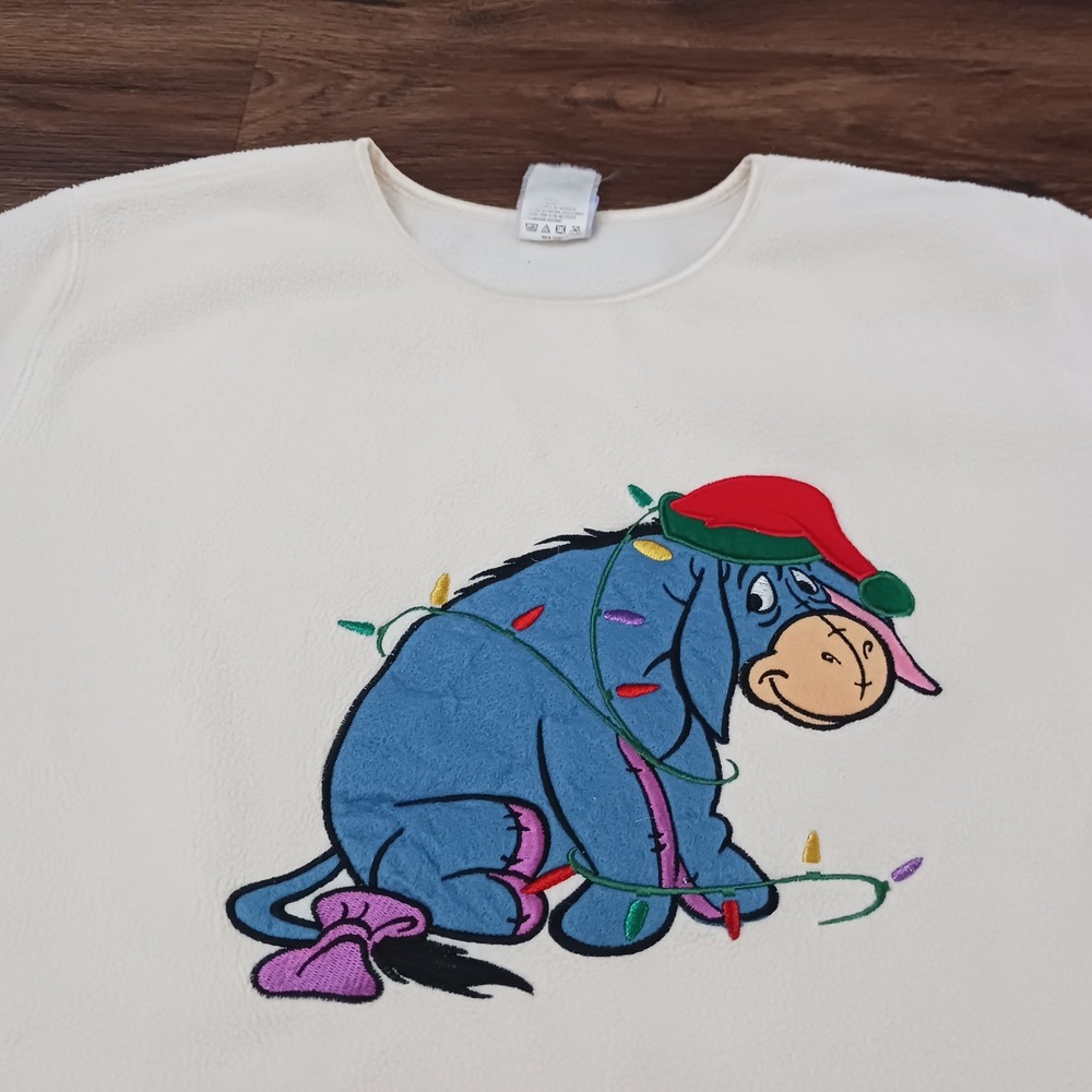 Disney Eeyore Christmas Fleece Sweatshirt Cream White Embroidered Holiday Small